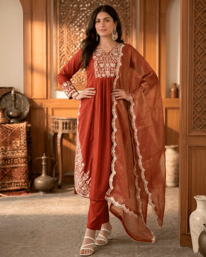Rust Orange Color Maska Cotton Kurta Pant Dupatta Set