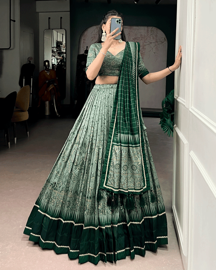 Green Color Kalamkari Printed Flared Lehenga Choli Set