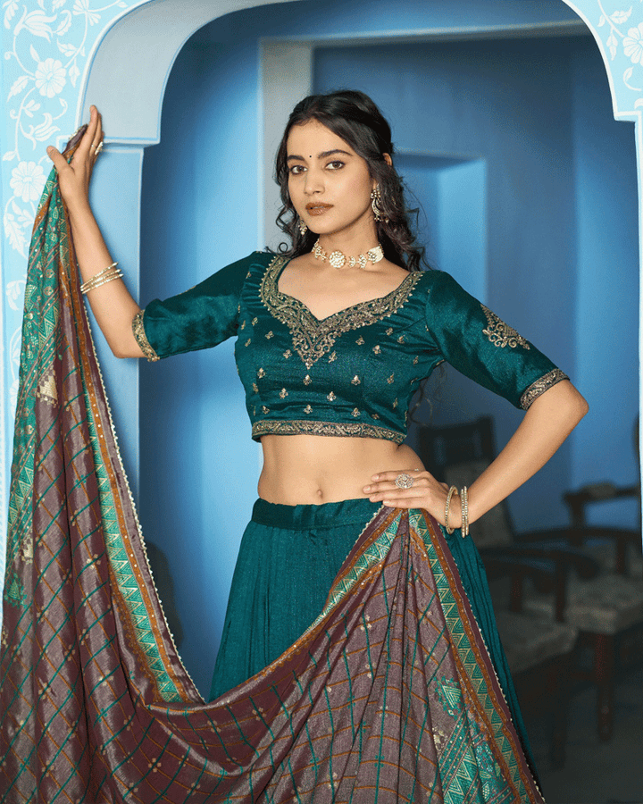 Teal Green Designer Embroidered Silk Lehenga Choli