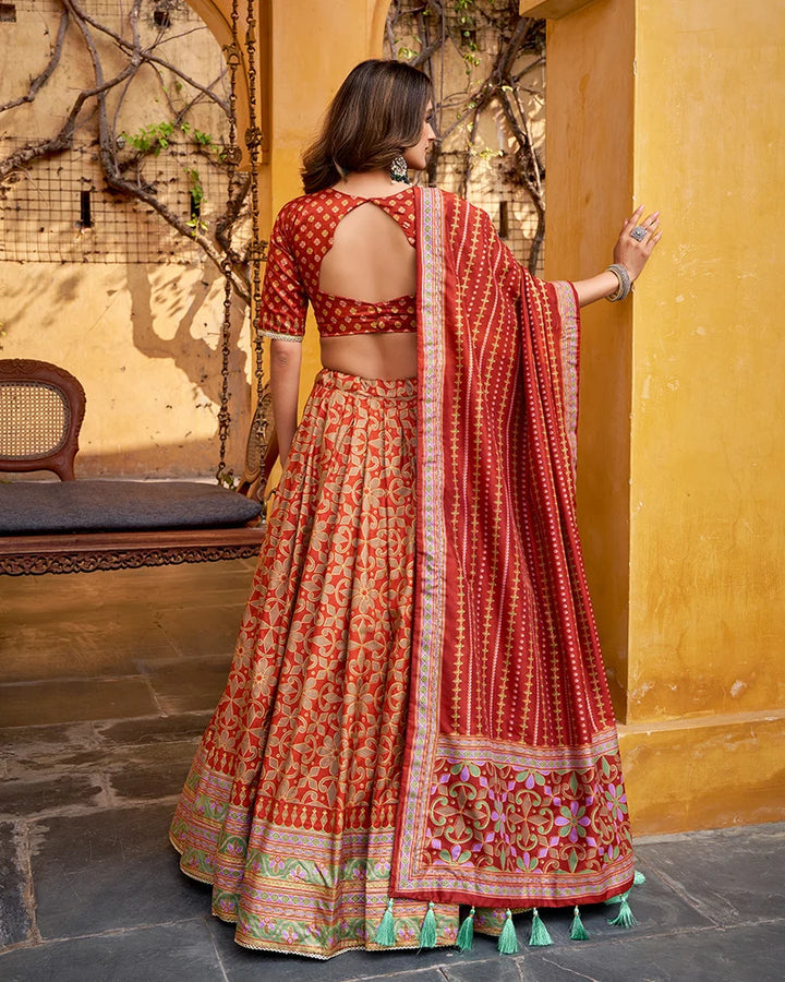 Rust Orange Color Sparkle Printed Silk Lehenga Choli