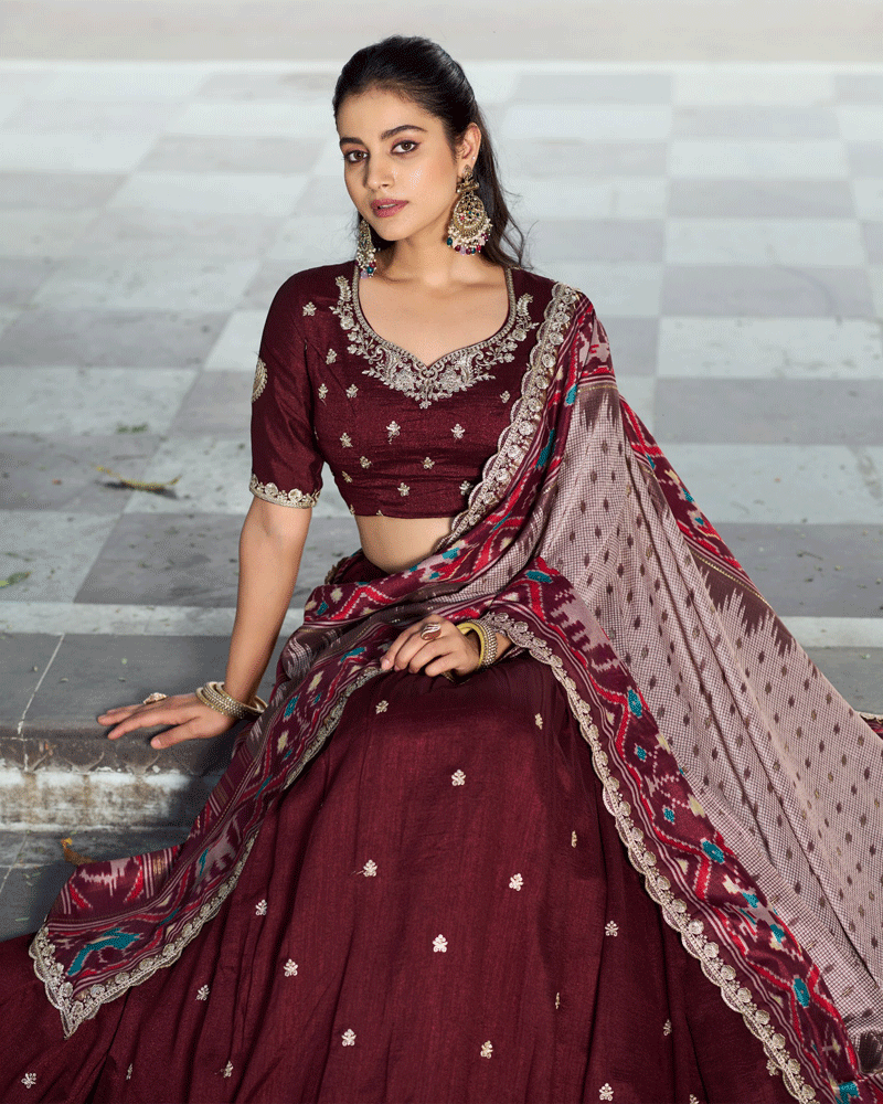Ethnic Maroon Color Vichitra Silk Embroidered Lehenga Choli