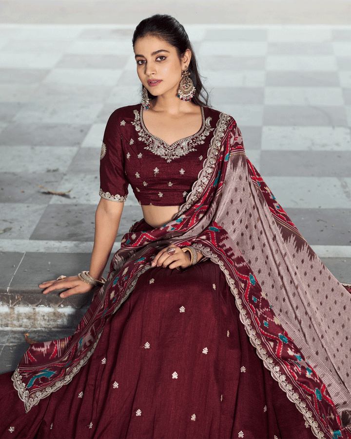 Ethnic Maroon Color Vichitra Silk Embroidered Lehenga Choli