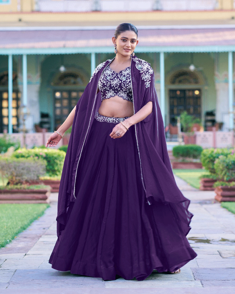 Royal Purple Embroidered Lehenga Choli With Flowing Cape Dupatta