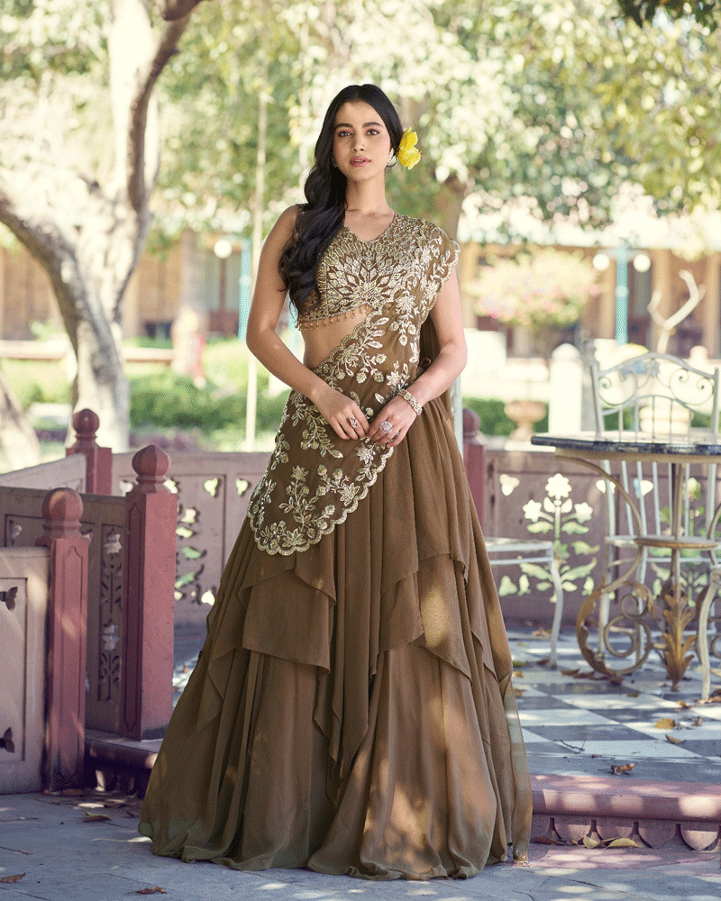 Elegant Olive Green Embroidered Layered Lehenga Choli