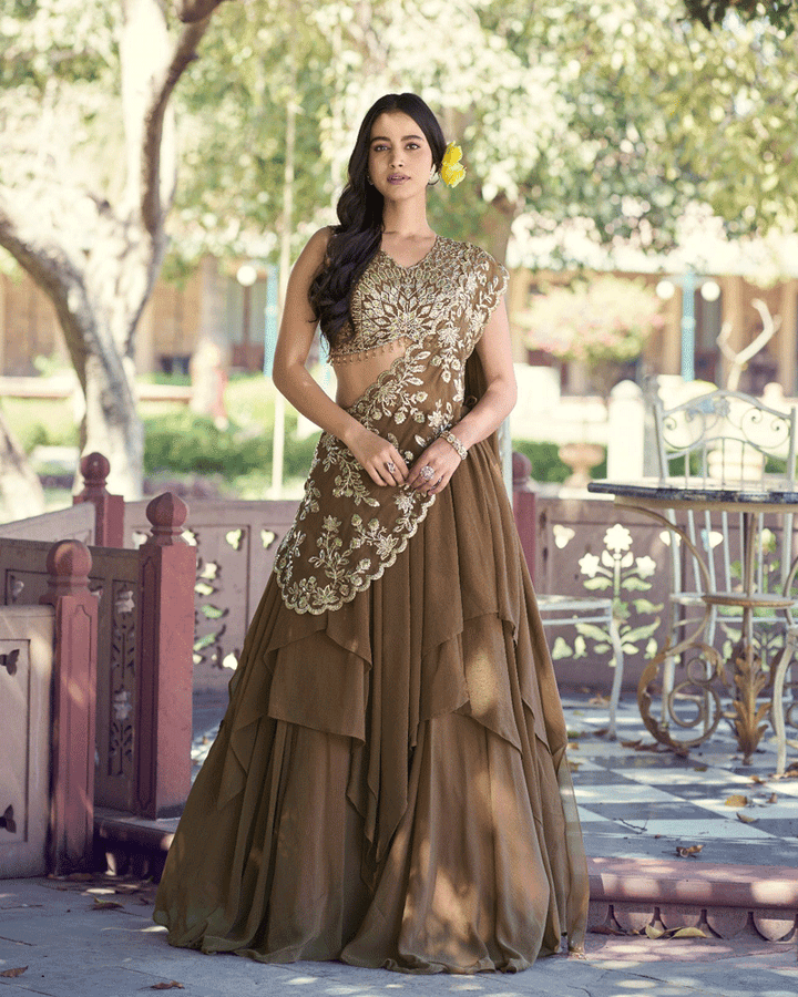 Elegant Olive Green Embroidered Layered Lehenga Choli
