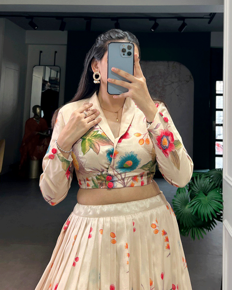 Cream Tasar Silk Multi Printed Lehenga Choli