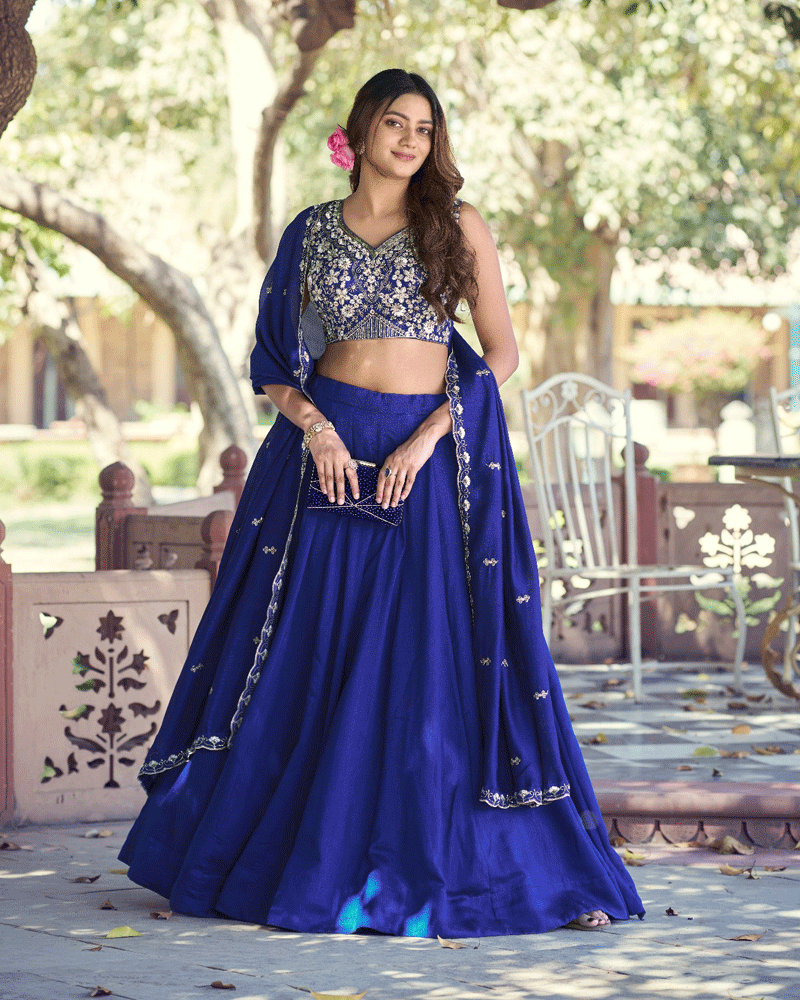 Elegant Royal Blue Embroidered Kashmiri Lehenga Choli