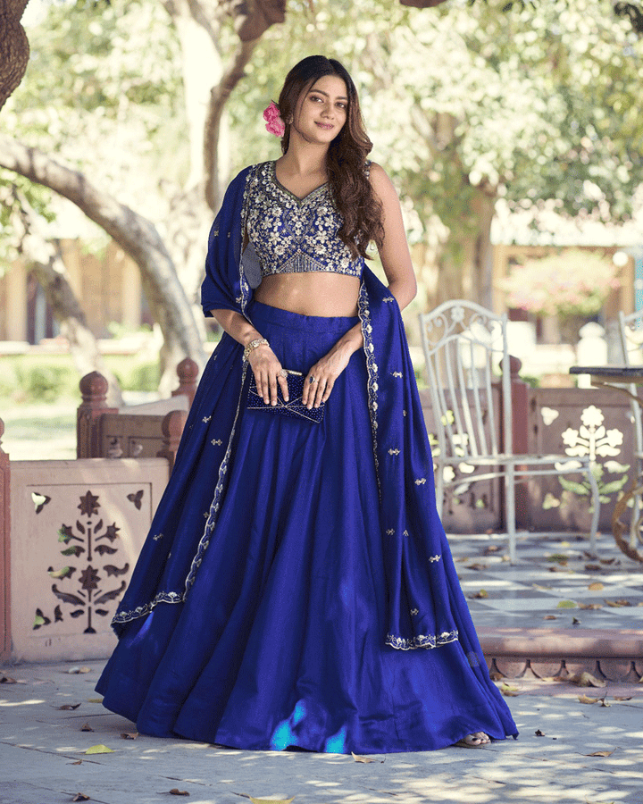 Elegant Royal Blue Embroidered Kashmiri Lehenga Choli