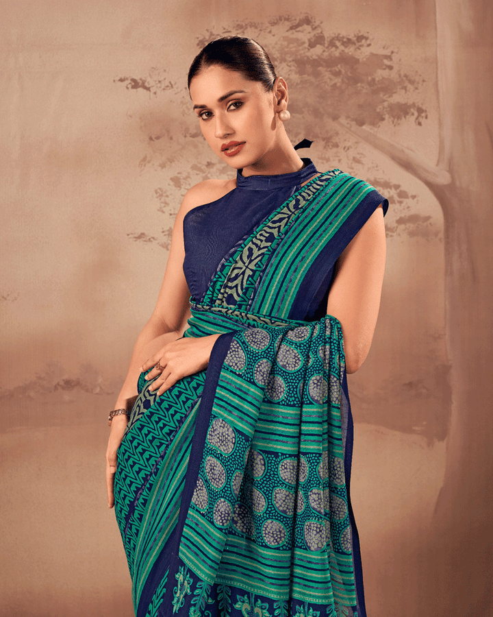 Designer Firozi Color Geometric Printed Saree