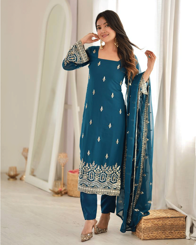 Rama Color Embroidered Traditional Kurta Pant Dupatta Set