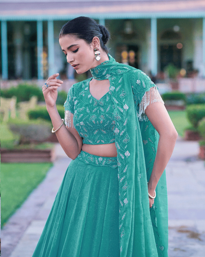 Aqua Green Gold Coin Embroidered Lehenga Choli