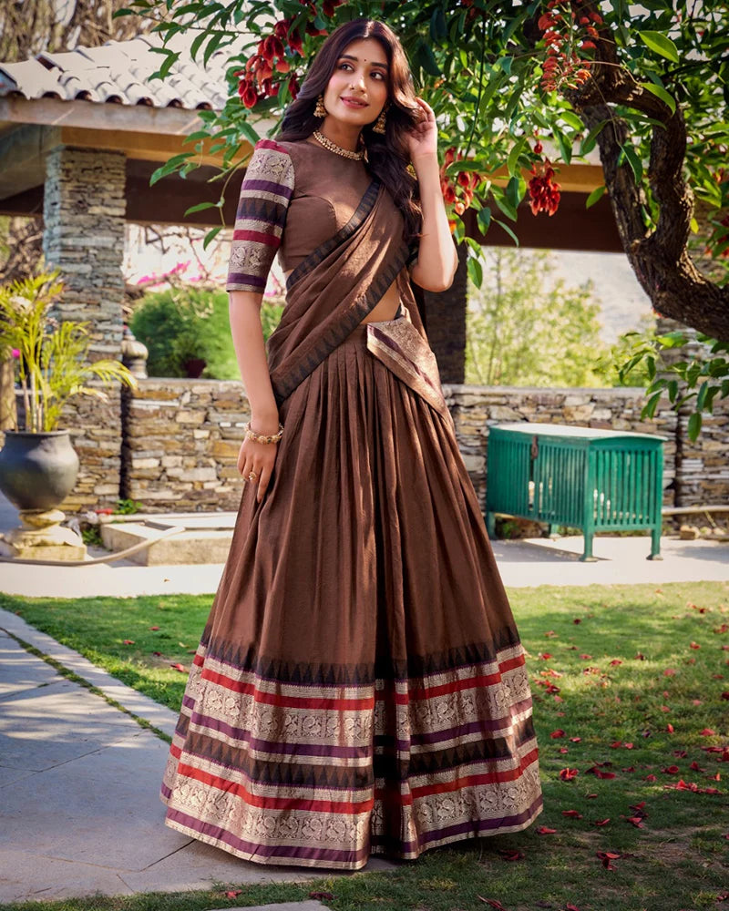 Traditional Brown Color Pure Chanderi Lehenga Choli
