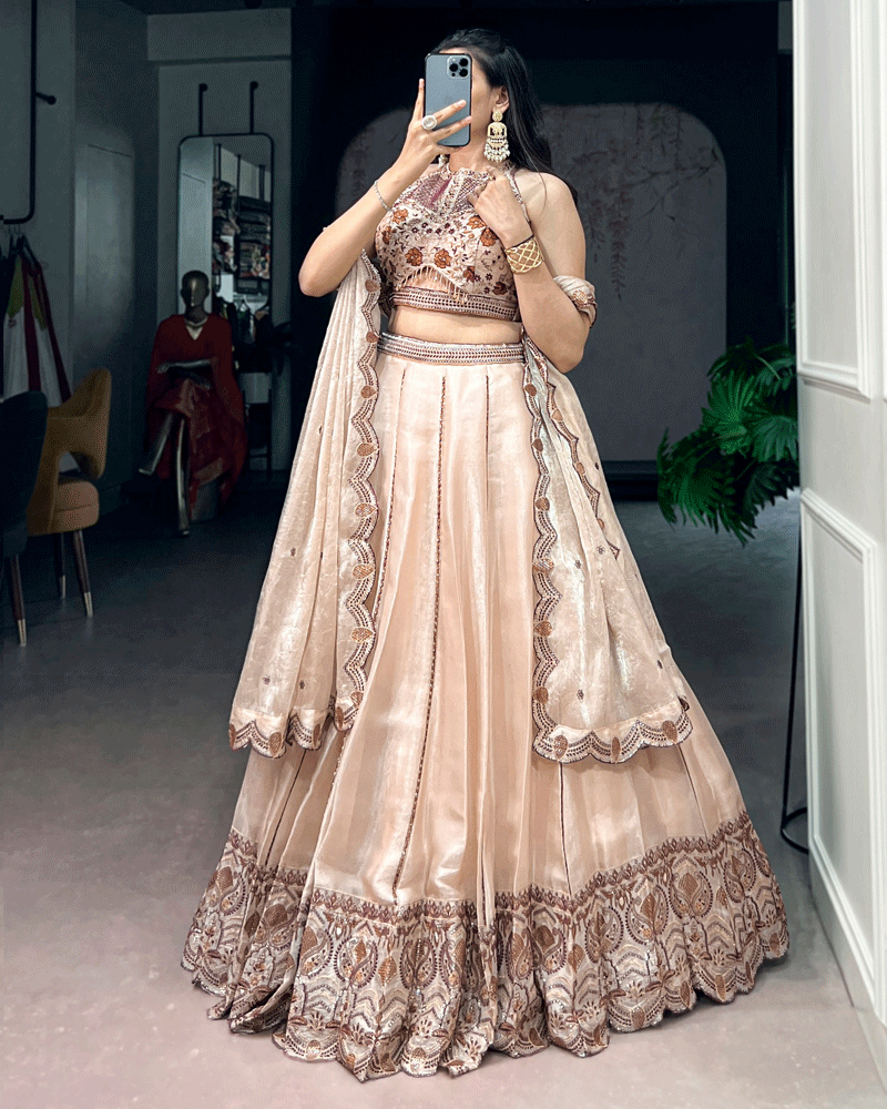 Elegant Beige Paisley Embellished Spider Crush Lehenga Choli