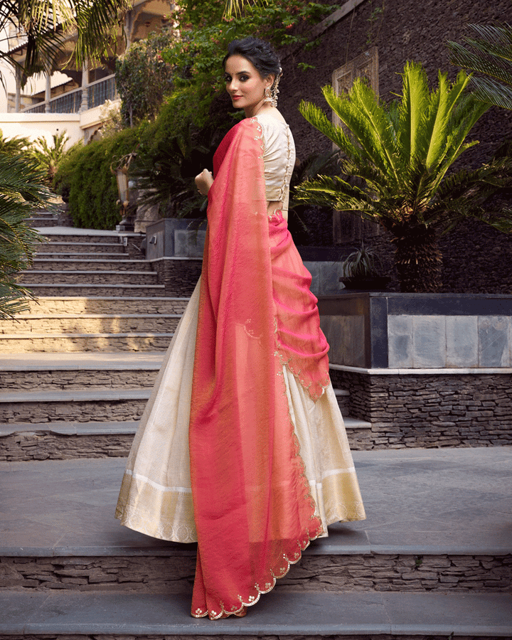 Pink Color Crafted Jacquard Chex Half Saree