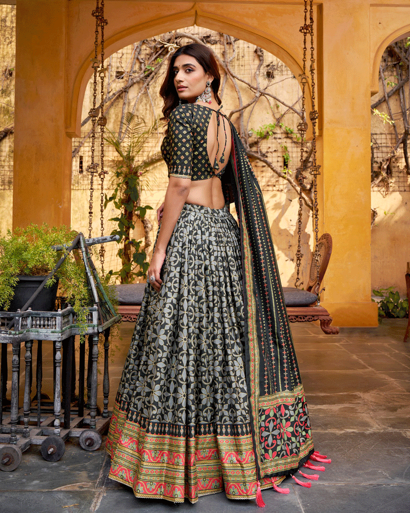 Black Color Sparkle Printed Silk Lehenga Choli