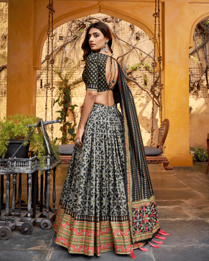 Black Color Sparkle Printed Silk Lehenga Choli
