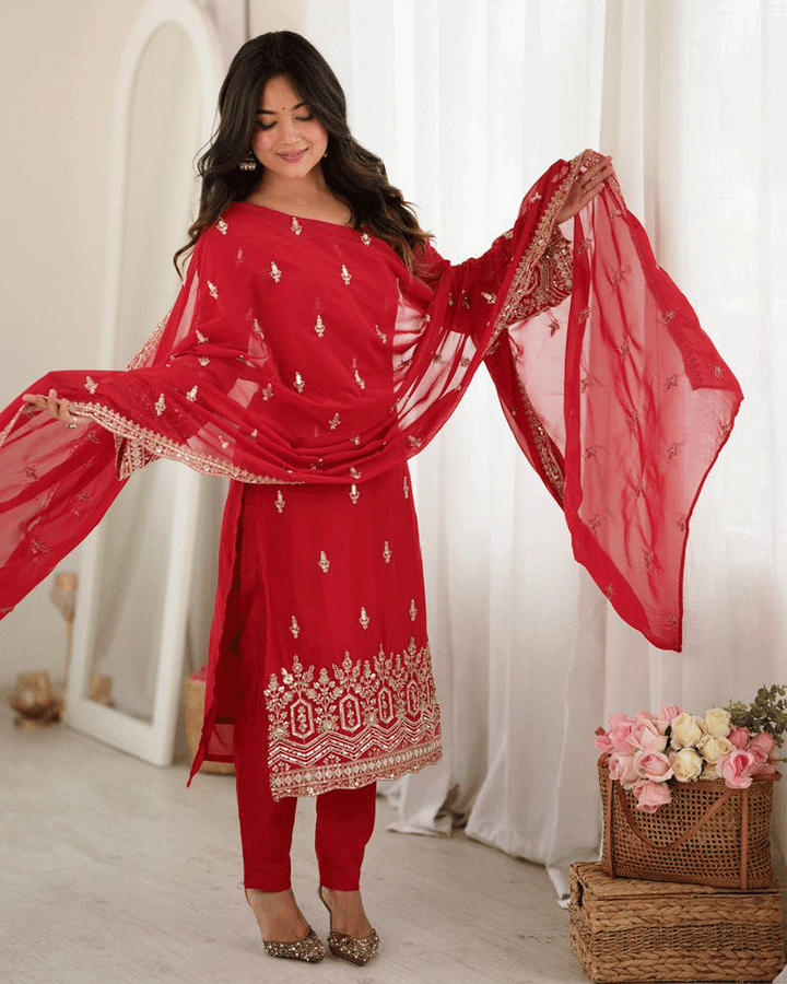 Red Color Embroidered Traditional Kurta Pant Dupatta Set