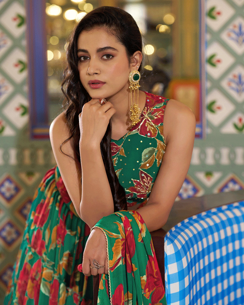 Designer Green Floral Printed Marble Lehenga Choli