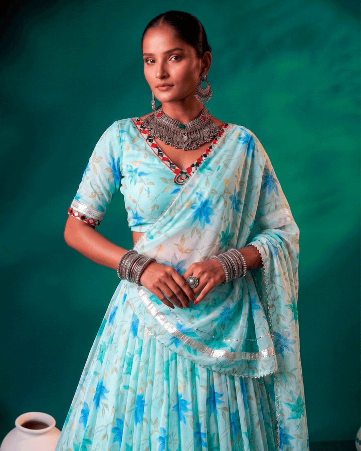 Light Pista Color Floral Printed Designer Lehenga Set