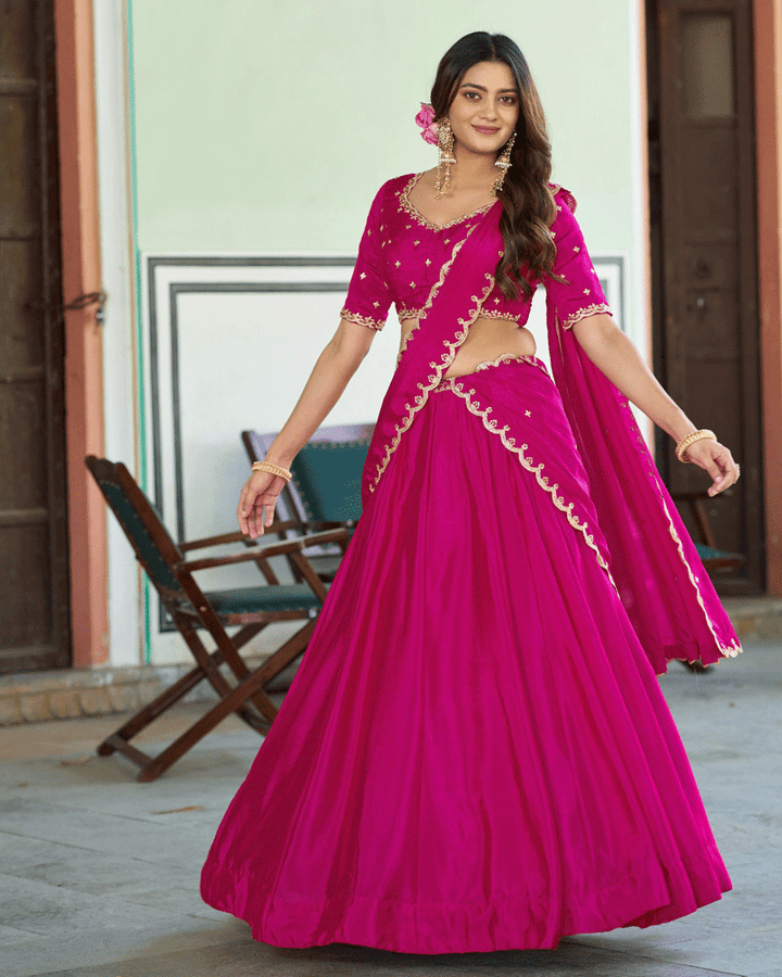 Rani Pink Color Chinon Silk Embroidered Glamorous Lehenga Choli