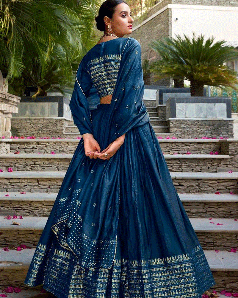 Royal Navy Blue Color Pure Chanderi Lehenga Choli
