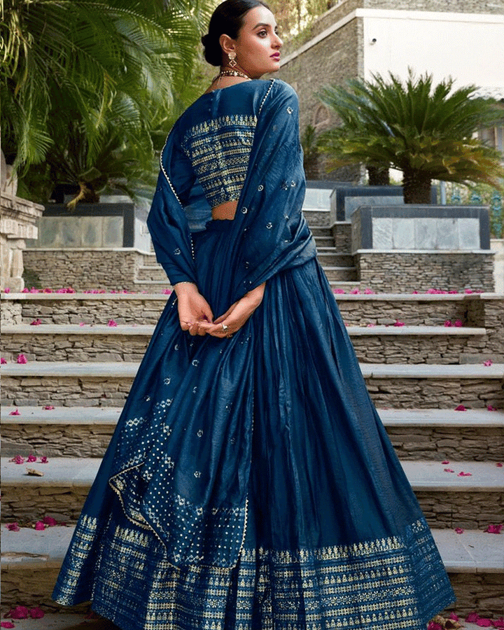 Royal Navy Blue Color Pure Chanderi Lehenga Choli