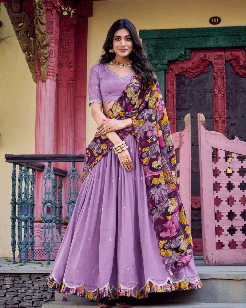 Royal Lavender Vichitra Silk Embroidered Lehenga Choli Set