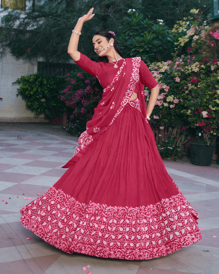 Rani Pink Color Cotton Chanderi Traditional Lehenga Set