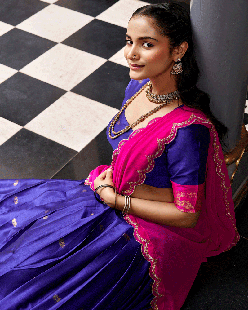 Elegant Royal Blue Color Traditional Cotton Silk Half Saree