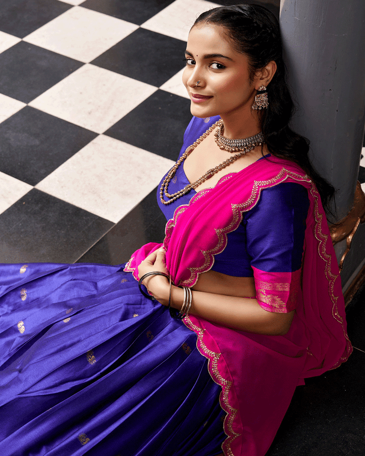 Elegant Royal Blue Color Traditional Cotton Silk Half Saree