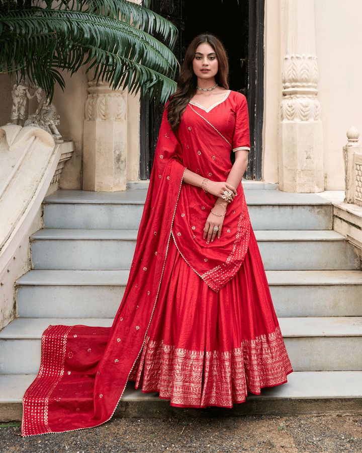 Traditional Red Color Pure Chanderi Lehenga Choli
