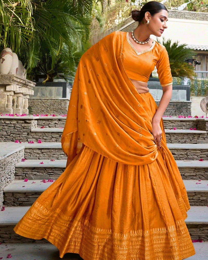 Festive Orange Color Pure Chanderi Lehenga Choli