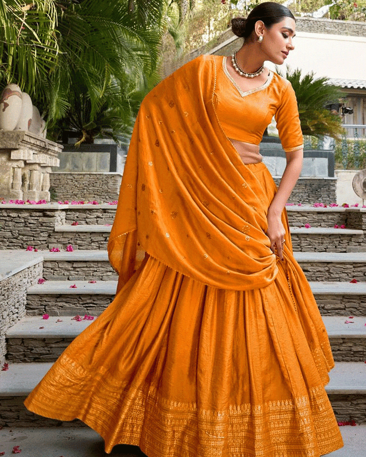 Festive Orange Color Pure Chanderi Lehenga Choli