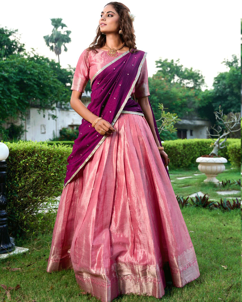 Beautiful Salmon Pink Kanchipuram Half Saree