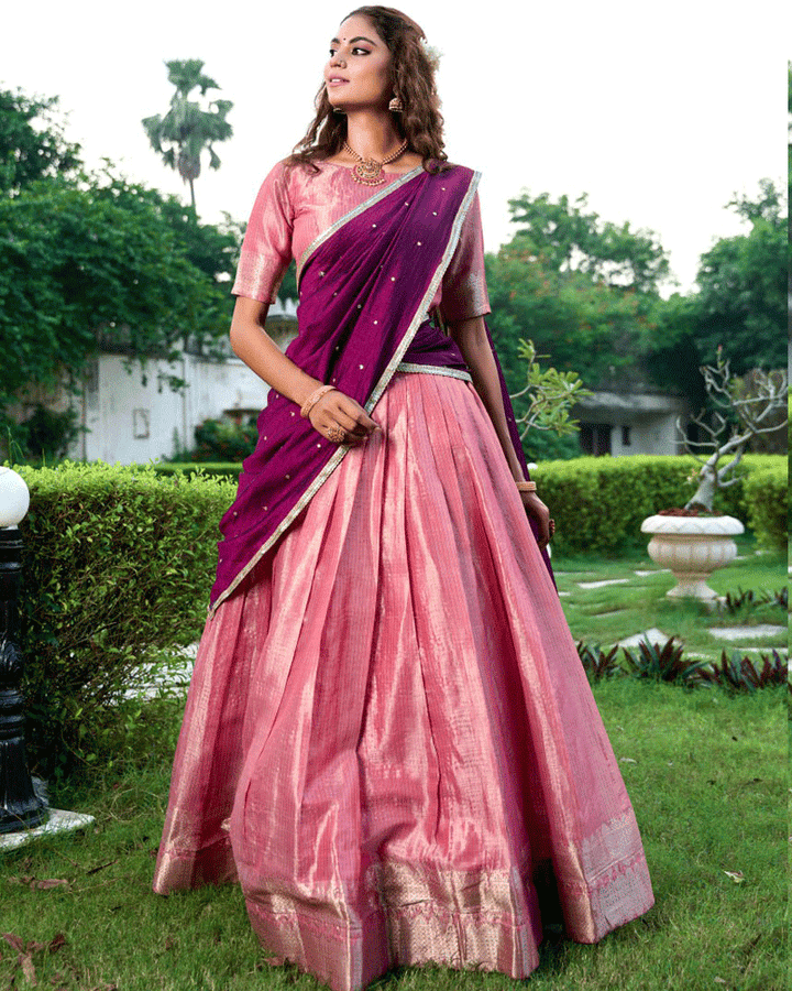 Beautiful Salmon Pink Kanchipuram Half Saree