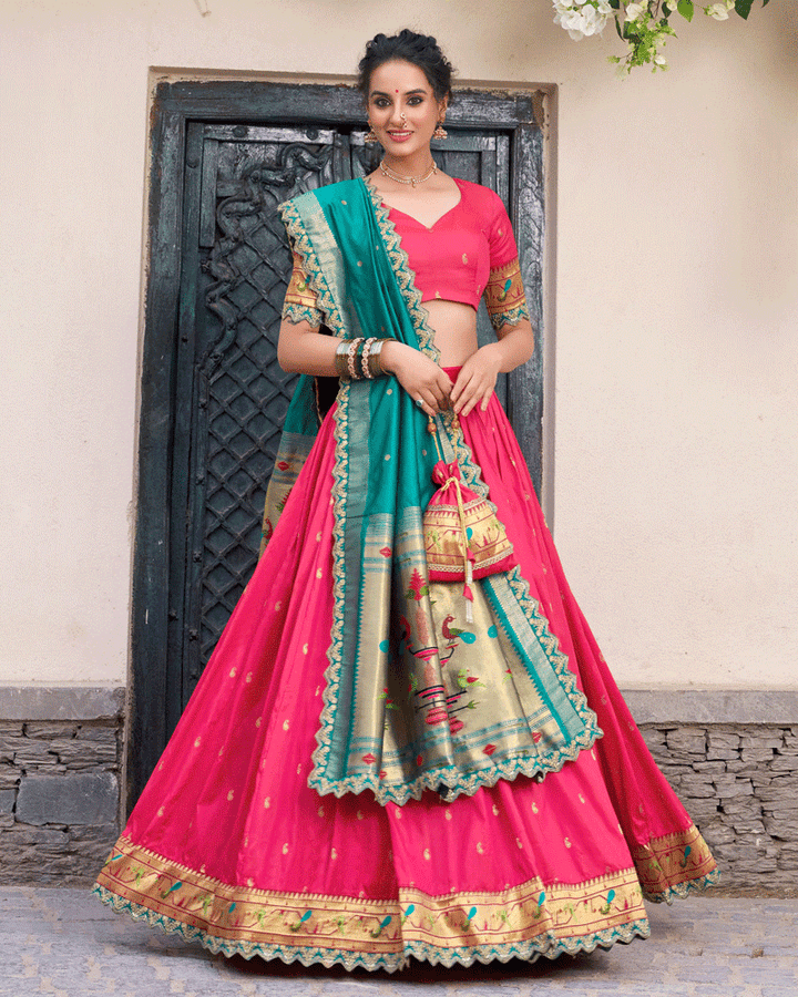 Pink Embroidered Jacquard Paithani Silk Lehenga Choli