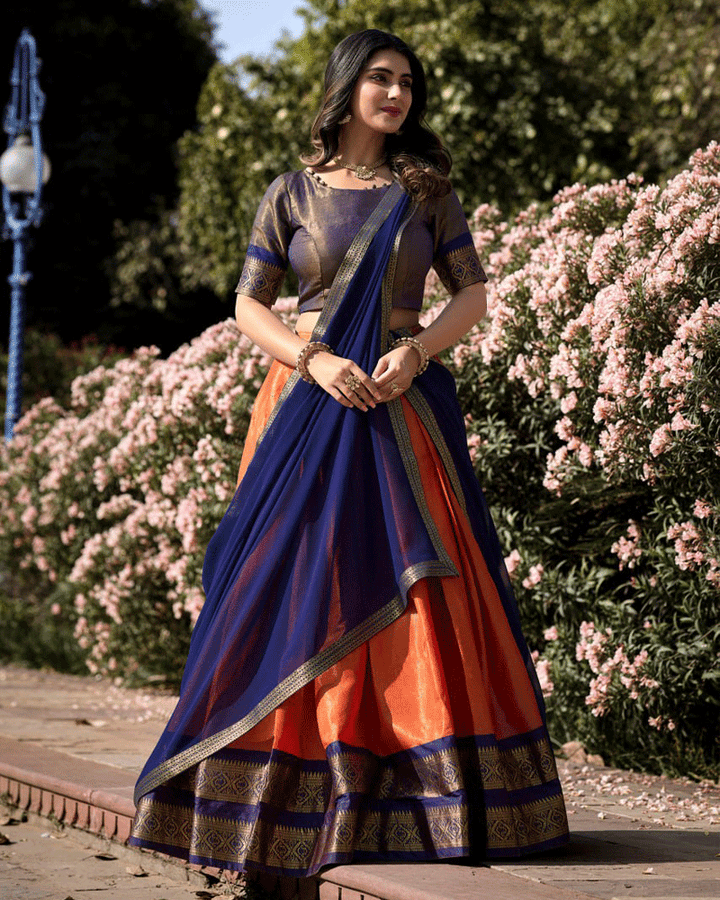 Designer Orange Kanchipuram Half Saree
