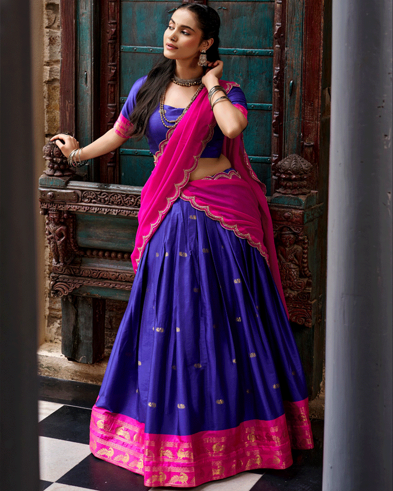 Elegant Royal Blue Color Traditional Cotton Silk Half Saree