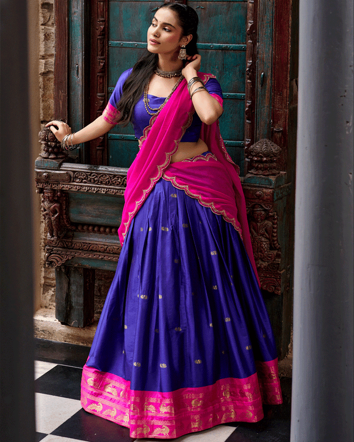 Elegant Royal Blue Color Traditional Cotton Silk Half Saree