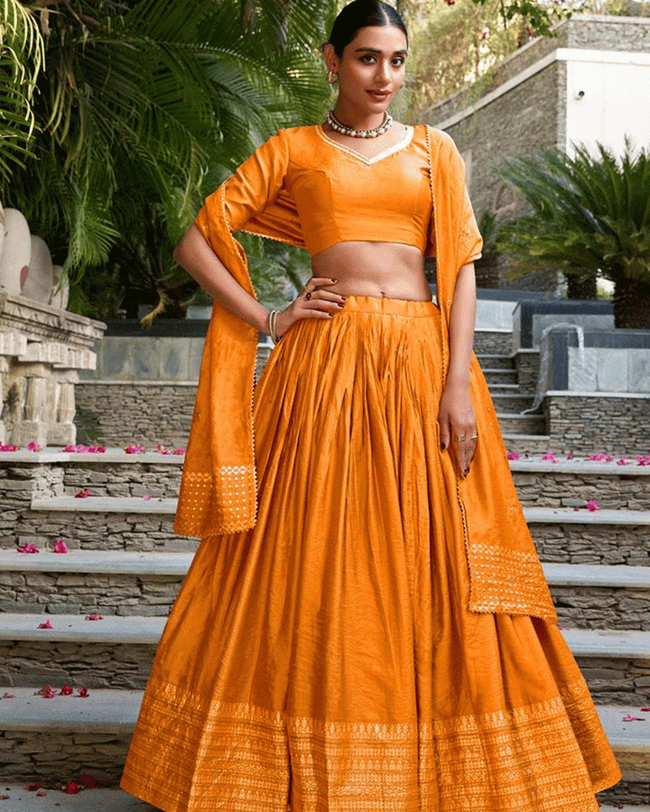 Festive Orange Color Pure Chanderi Lehenga Choli