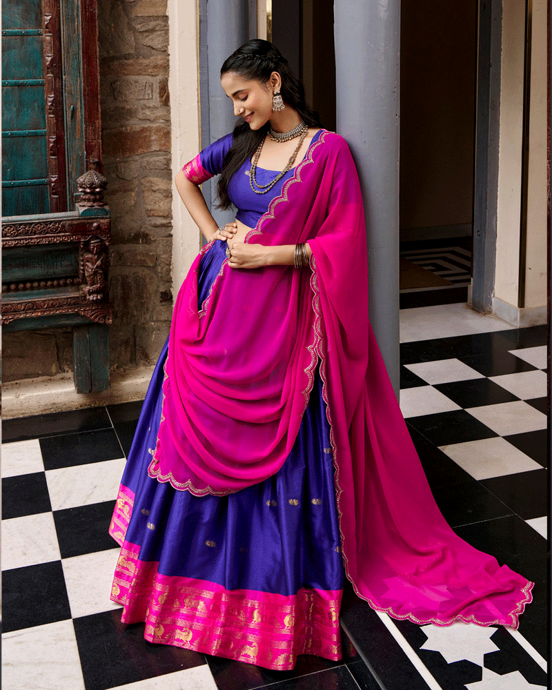 Elegant Royal Blue Color Traditional Cotton Silk Half Saree