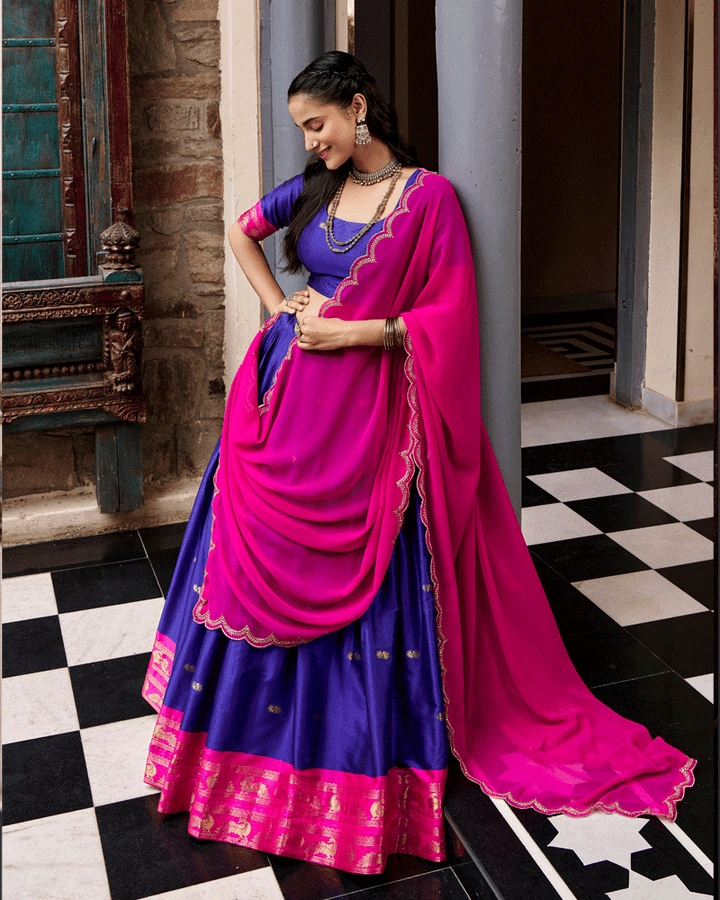 Elegant Royal Blue Color Traditional Cotton Silk Half Saree
