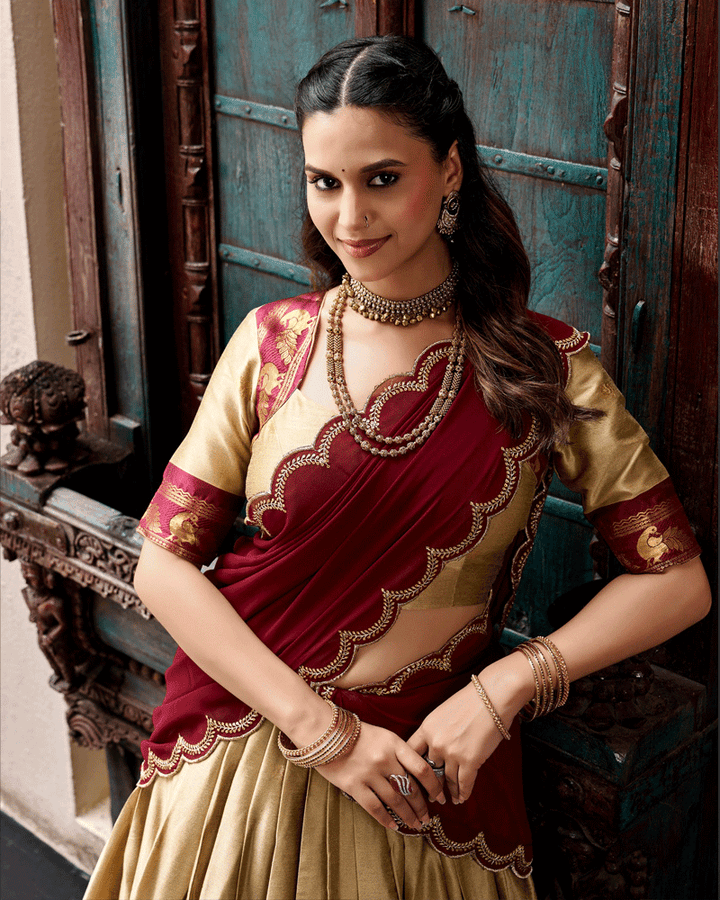 Elegant Cream Color Traditional Cotton Silk Half Saree