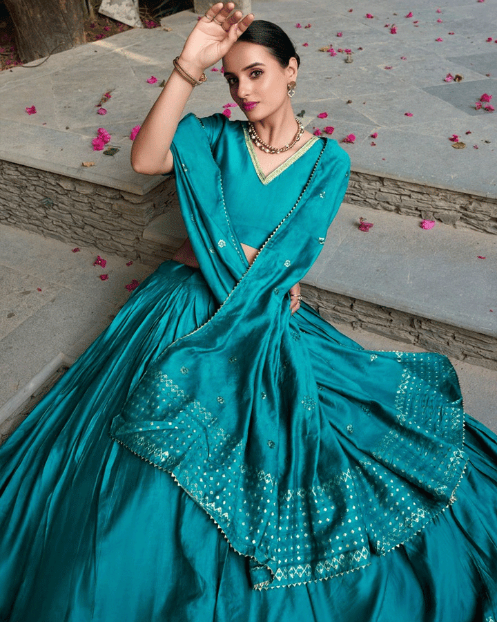 Graceful Sky Blue Color Pure Chanderi Lehenga Choli