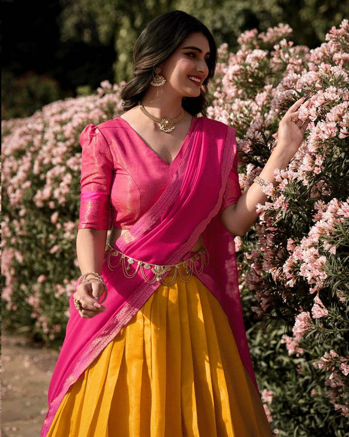 Designer Mustard Kanchipuram Half Saree