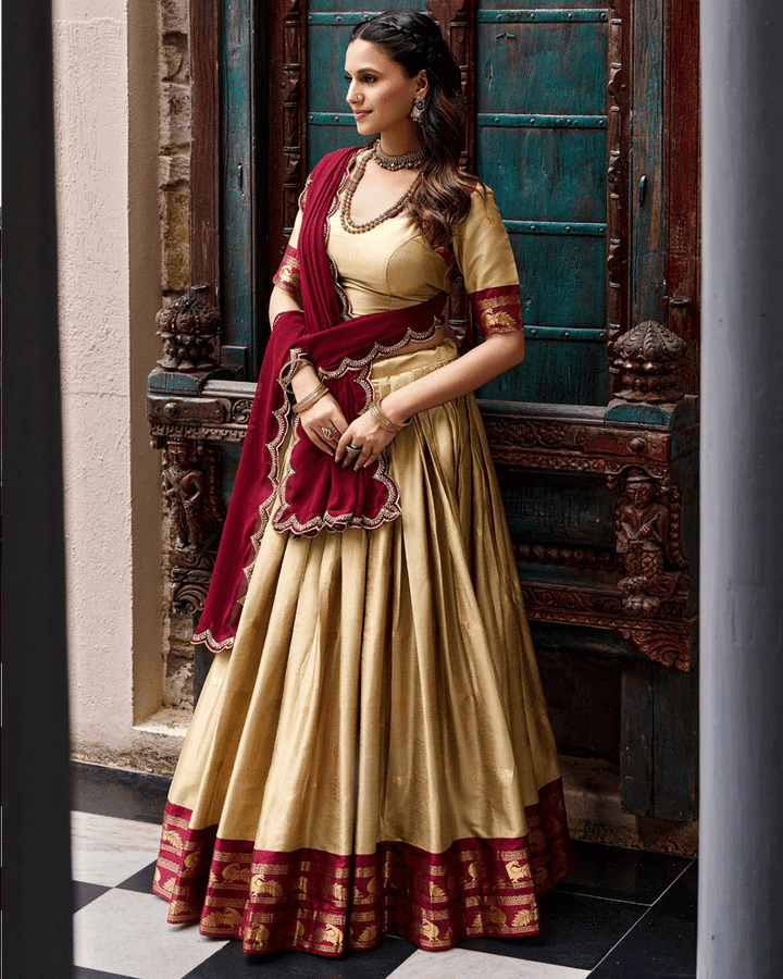 Elegant Cream Color Traditional Cotton Silk Half Saree
