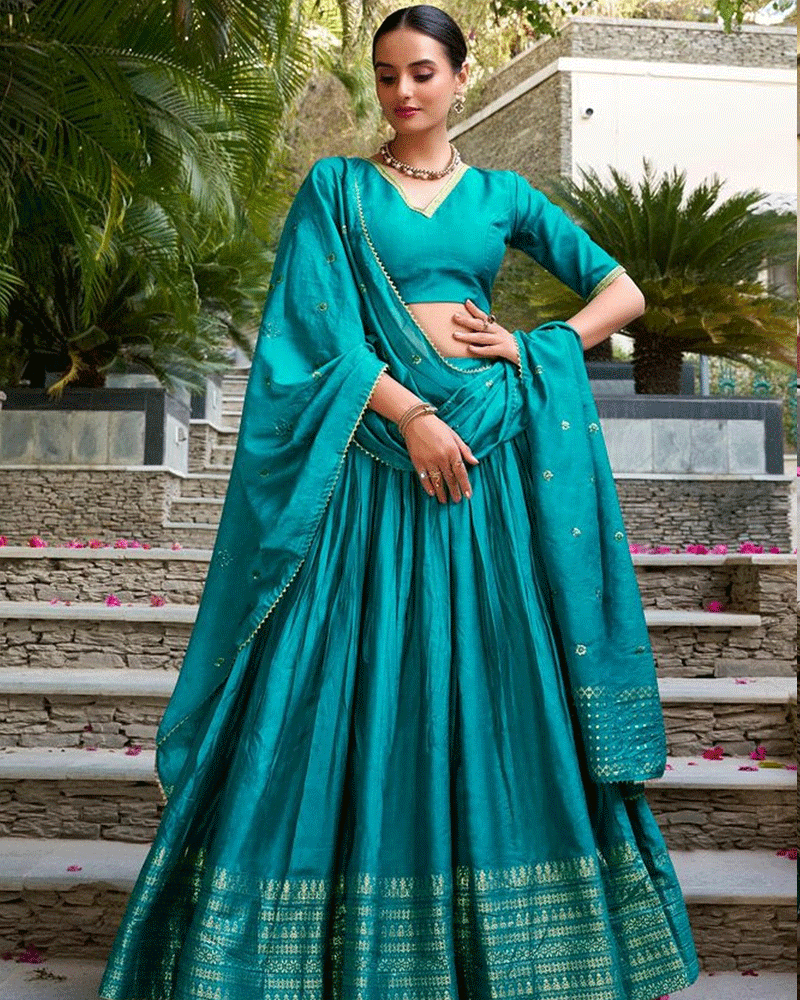 Graceful Sky Blue Color Pure Chanderi Lehenga Choli