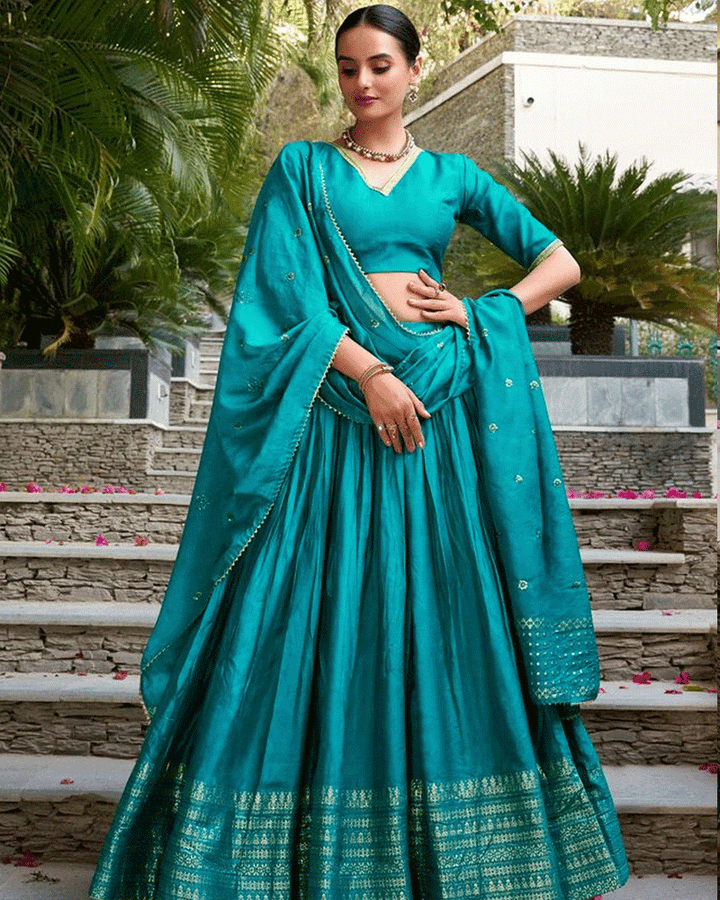Graceful Sky Blue Color Pure Chanderi Lehenga Choli