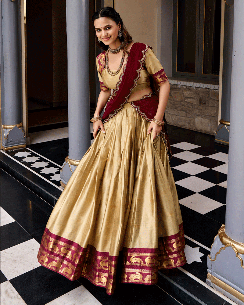 Elegant Cream Color Traditional Cotton Silk Half Saree