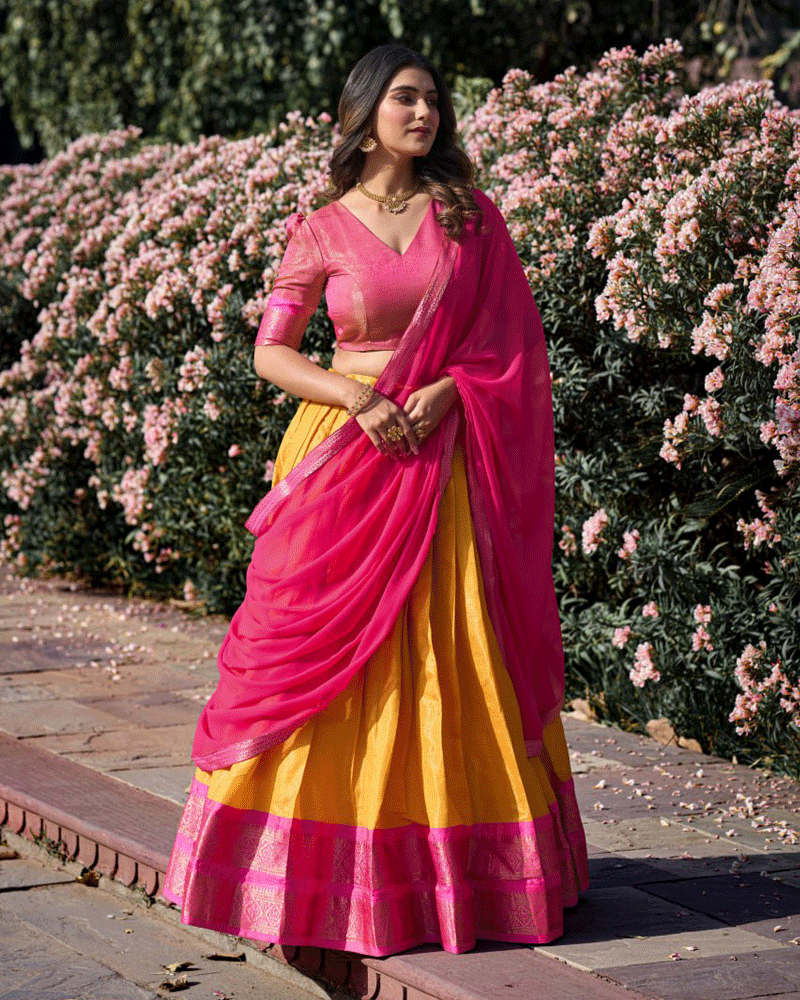 Designer Mustard Kanchipuram Half Saree